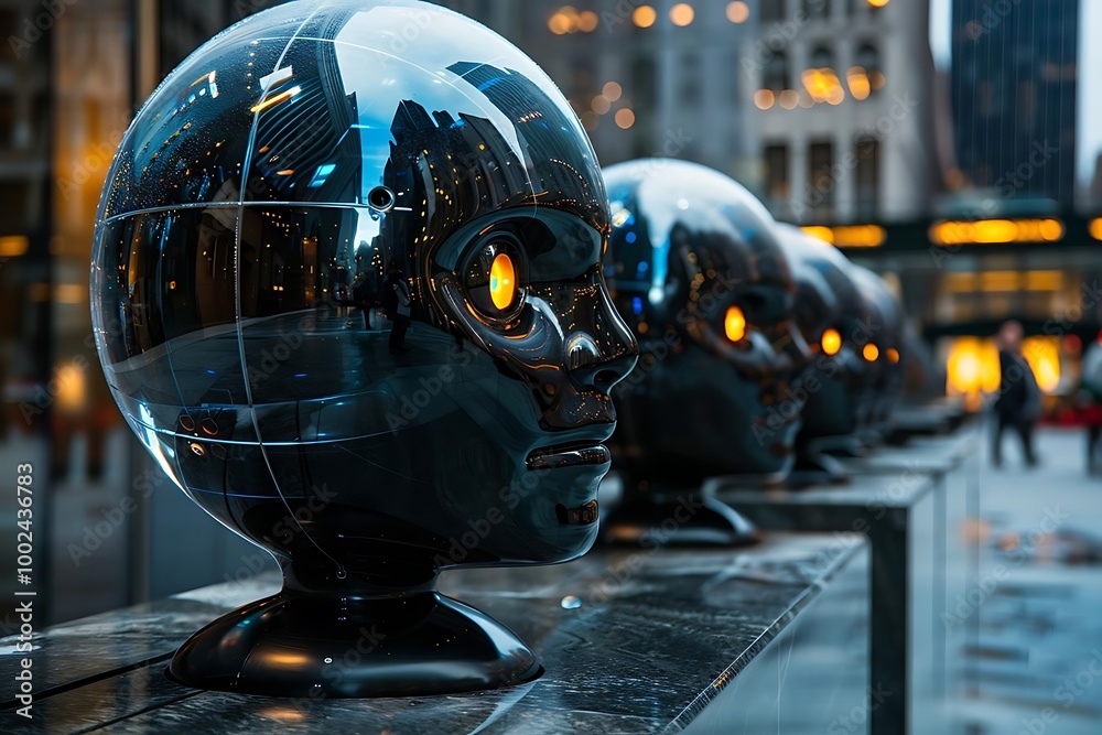 Futuristic sculptures resembling human heads with glowing eyes in an urban setting. Futuristic sculptures resembling human heads with glowing eyes in an urban setting.