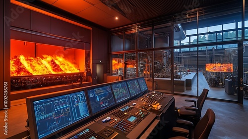 A modern control room overseeing the smelting process. Operators monitor screens displaying furnace temperatures and ore processing data, with the smelting workshop visible through glass windows.
