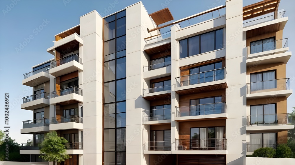 Front view of a luxury apartment exterior design isolated on a white background.