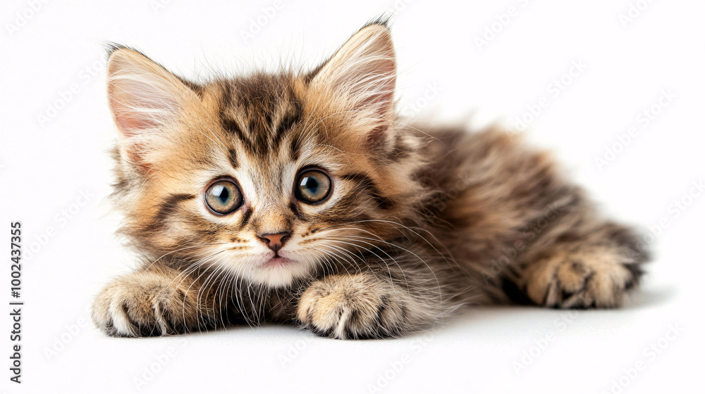 A baby feline with a fluffy fur, lying on a white background, its cute face and surprised eyes creating a charming portrait A baby feline with a fluffy fur, lying on a white background, its cute face and surprised eyes creating a charming portrait