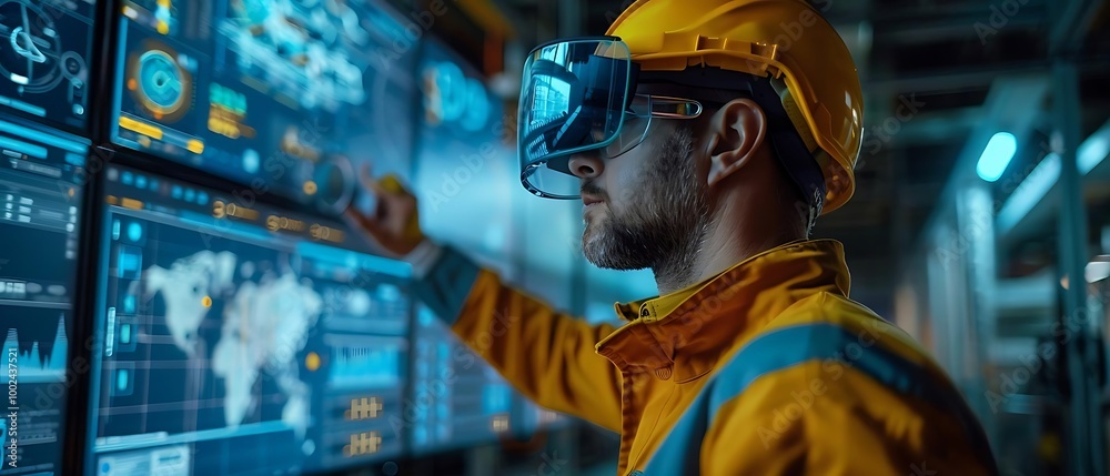 A worker in a helmet using virtual reality technology to analyze data on screens. A worker in a helmet using virtual reality technology to analyze data on screens.