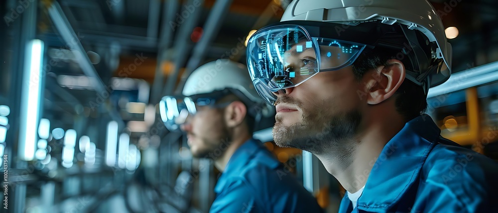Two workers in safety gear focus on industrial machinery. Two workers in safety gear focus on industrial machinery.