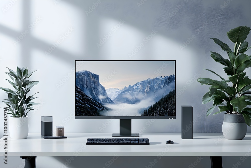 Fototapeta premium Elegant workspace with modern technology and serene mountain view on the screen during daylight