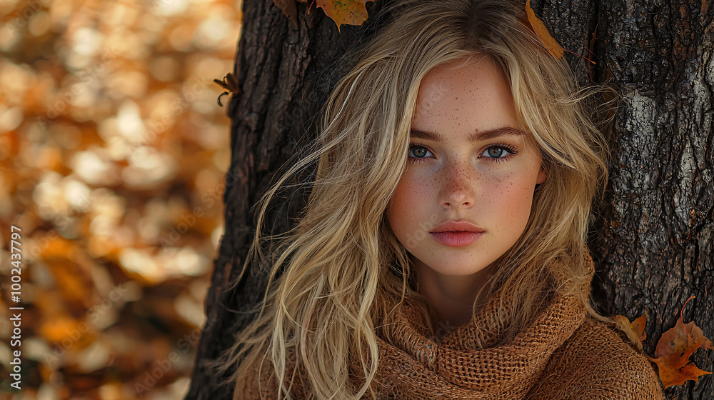 A blonde woman lying on a picnic mat in the woods, surrounded by autumn leaves and pine trees, taking a selfie while enjoying her vacation A blonde woman lying on a picnic mat in the woods, surrounded by autumn leaves and pine trees, taking a selfie while enjoying her vacation