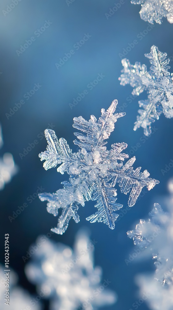 Close-up of snowflakes on ice, arranged in an artistic pattern with various shapes and sizes Close-up of snowflakes on ice, arranged in an artistic pattern with various shapes and sizes