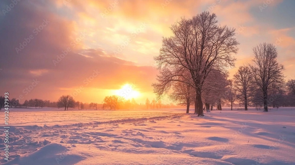 Beautiful sunset casting warm hues over snowy field. A picturesque sunset over vast snowy landscape Beautiful sunset casting warm hues over snowy field. A picturesque sunset over vast snowy landscape
