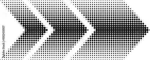 Abstract arrow symbol created from dots, halftone effect. Retro halftone style arrow in three sizes illustration. Perfect for web design, digital art, colleges, or any other projects.