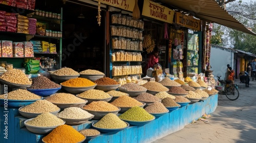 Indian Grocery Store with an Array of Grains and Nuts