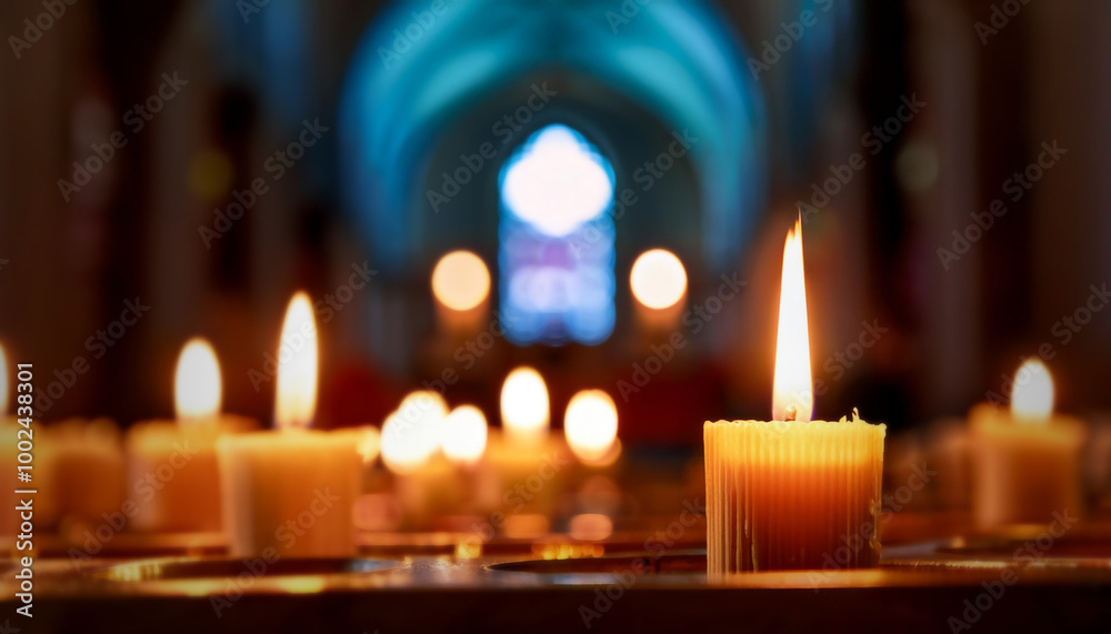 bougies allumées dans une église, célébration de la fête religieuse de Toussaint bougies allumées dans une église, célébration de la fête religieuse de Toussaint