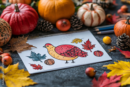 A vibrant autumn arrangement features a hand-drawn turkey surrounded by pumpkins, pinecones, and fallen leaves. Colored pencils suggest a creative activity celebrating the season photo