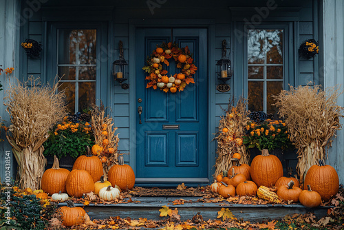 A charming blue house decorated for Halloween features vibrant pumpkins lining the porch. A stunning autumn wreath hangs on the door, while dried plants enhance the seasonal atmosphere, inviting all