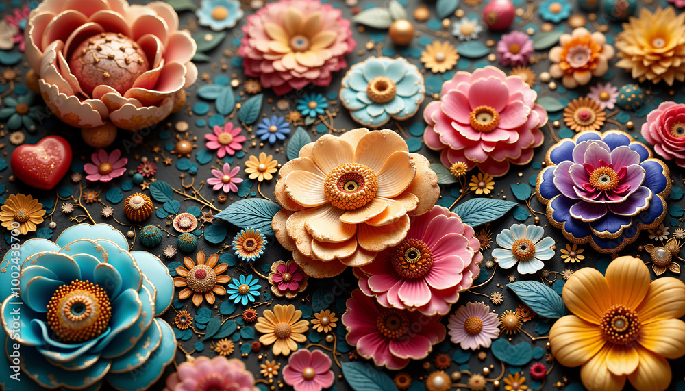 A flower with gold accents is surrounded by small beads and other decorations A flower with gold accents is surrounded by small beads and other decorations