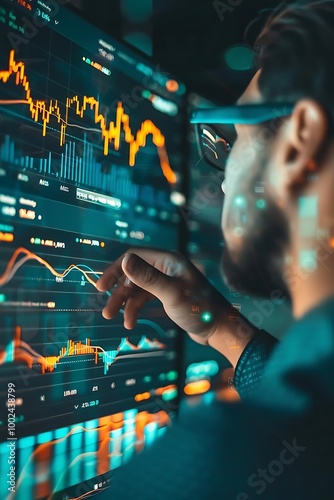 A person analyzing financial data on a digital screen with graphs and charts.