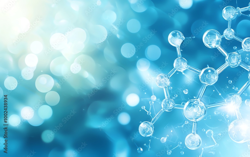 Abstract blue scientific molecular structure background with bokeh lights. Perfect for science, technology, and medical concepts.