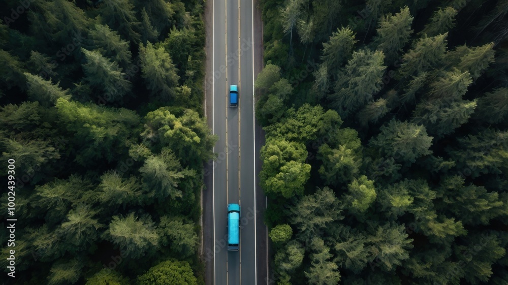 Trucks on Road Surrounded by Dense Forest Trucks on Road Surrounded by Dense Forest