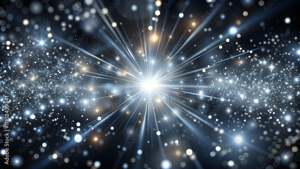 Luxurious sparkling background with silver rays, bokeh and dust. Beautiful festive glittering black and silver background. Luxurious sparkling background with silver rays, bokeh and dust. Beautiful festive glittering black and silver background.