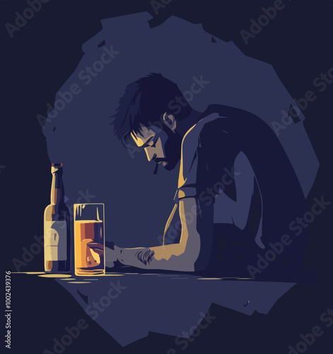 Illustration of a person using alcohol. Alcohol dependence.