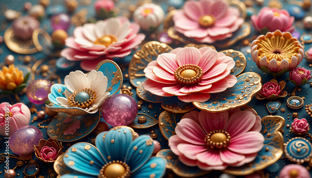 A flower with gold accents is surrounded by small beads and other decorations A flower with gold accents is surrounded by small beads and other decorations