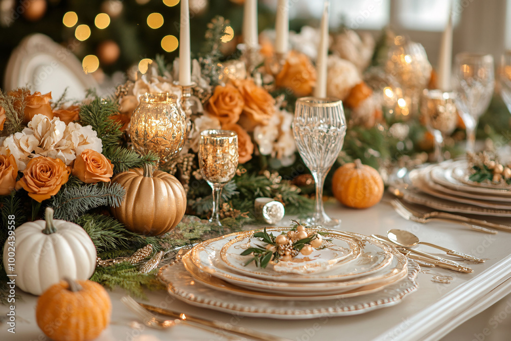 Naklejka premium A beautifully arranged dining table displays delicate floral arrangements, sparkling glassware, golden pumpkins, and candles, creating a cozy and inviting atmosphere for an autumn gathering