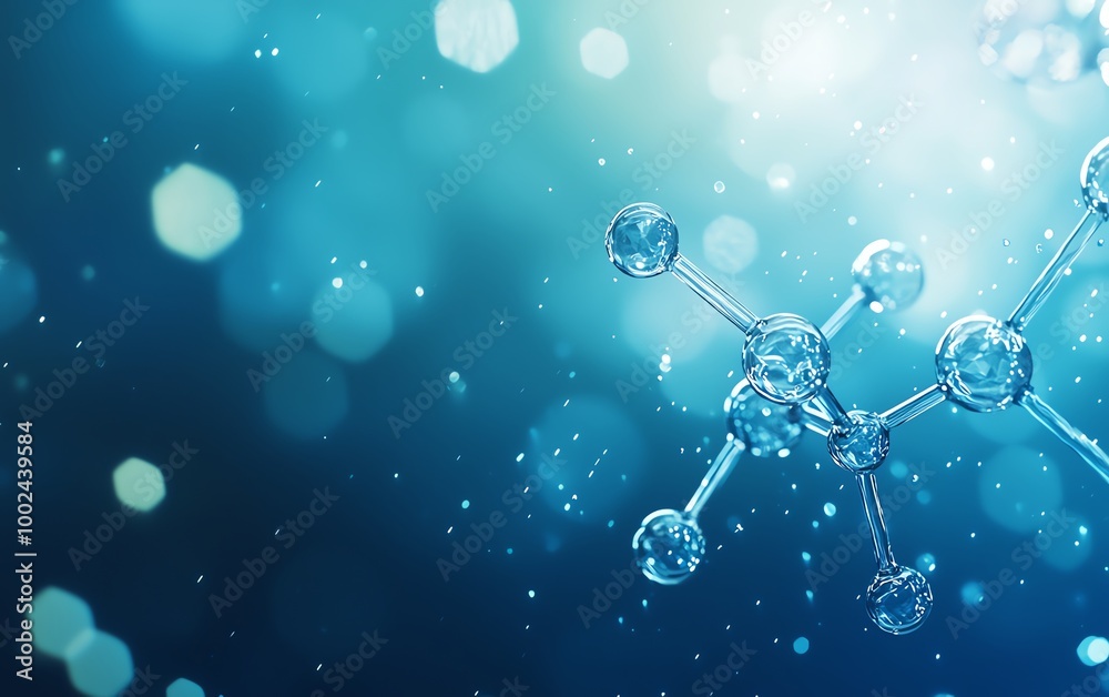 Abstract molecular structure on a blue background with bokeh effect, illustrating scientific and technological research advancements.