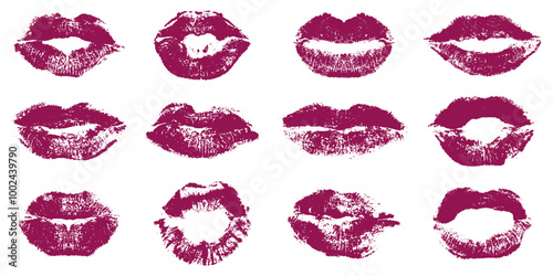 Set of lips imprint, dark pink lipstick kiss. Vector illustration