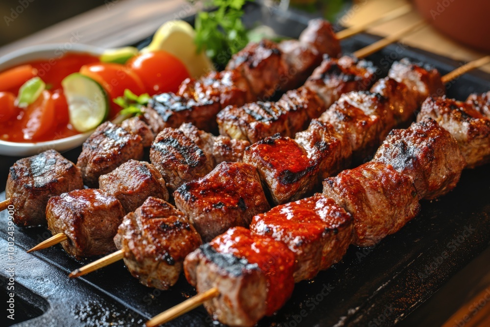 Shashlik Skewers with Lamb Meat and Red Sauce on Grill. Tasty Bar-B-Q Shish Kebab Shashlik Skewers with Lamb Meat and Red Sauce on Grill. Tasty Bar-B-Q Shish Kebab