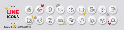 Medical tablet, Puzzle and Elevator line icons. White buttons 3d icons. Pack of Time, Love letter, Coffee cup icon. Hypoallergenic tested, Card, Facts pictogram. Timer, Home grill, Accounting. Vector