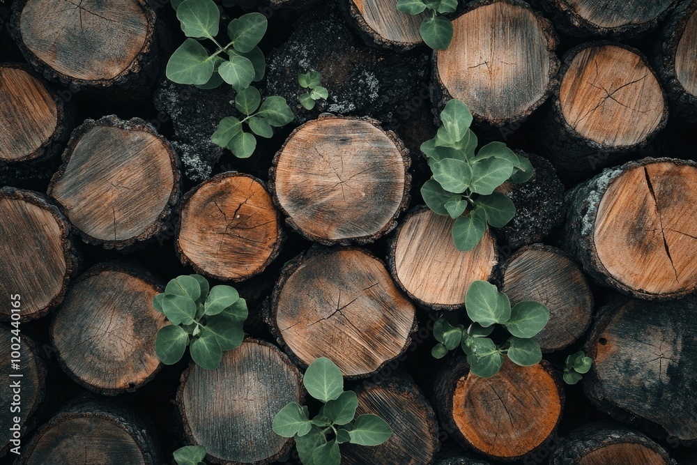 Textured background of cut firewood in rows with uneven surface and green plant sprigs in daylight - generative ai Textured background of cut firewood in rows with uneven surface and green plant sprigs in daylight - generative ai