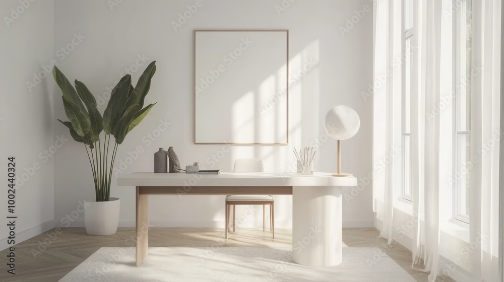 well-designed home office with a sculptural desk, an eye-catching light fixture, and minimal decor well-designed home office with a sculptural desk, an eye-catching light fixture, and minimal decor