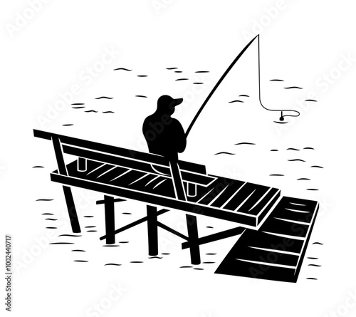 Monochrome illustration fisherman catching fish on white background.