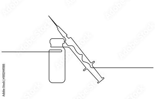 Medical syringe and bottle with liquid drug in continuous one line drawing vector illustration, Medical syringe and bottle with liquid drug in continuous line art drawing style. Treatment, 