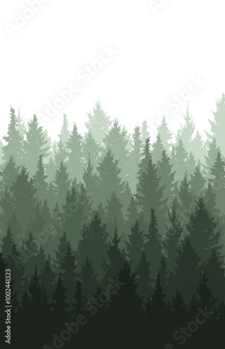 Forest vertical background, beautiful landscape wallpaper. Silhouettes of fir trees. Vector illustration