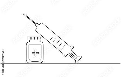 Medical syringe and bottle with liquid drug in continuous one line drawing vector illustration, Medical syringe and bottle with liquid drug in continuous line art drawing style. Treatment, 