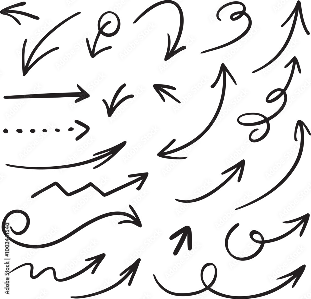 Set of black arrows, pointers in hand-drawn style Set of black arrows, pointers in hand-drawn style