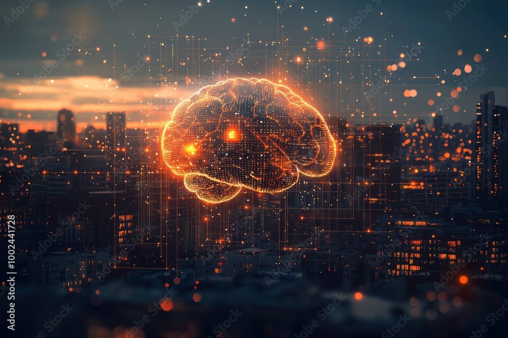 A glowing brain-shaped network over a cityscape at twilight. A glowing brain-shaped network over a cityscape at twilight.