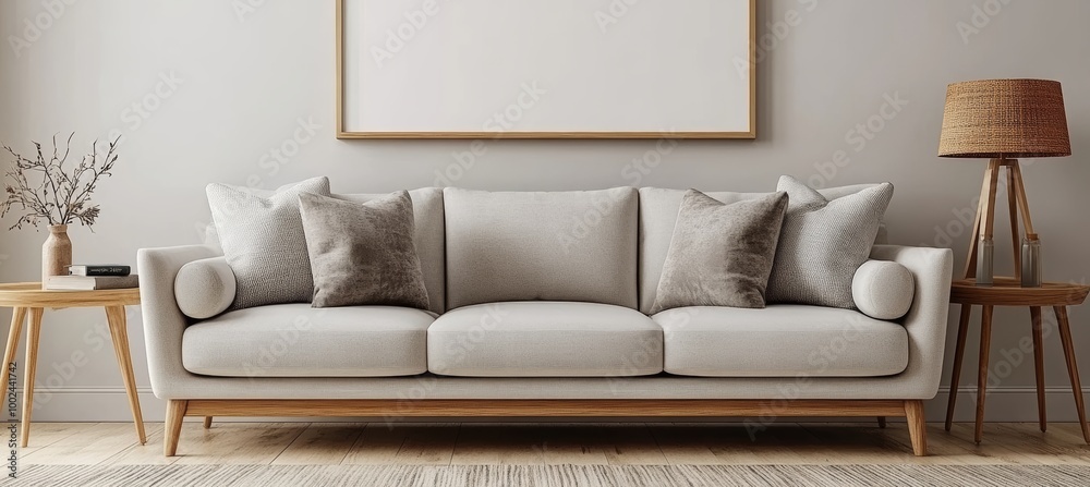 Minimalist Living Room Interior with Beige Sofa, Table Lamps, and Empty Frame on Wall. 3D Rendering Minimalist Living Room Interior with Beige Sofa, Table Lamps, and Empty Frame on Wall. 3D Rendering