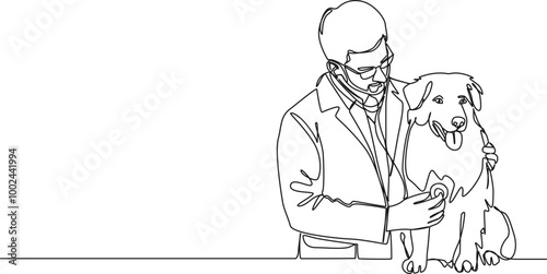 continuous single line drawing of vet with stethoscope examining dog, line art vector illustration