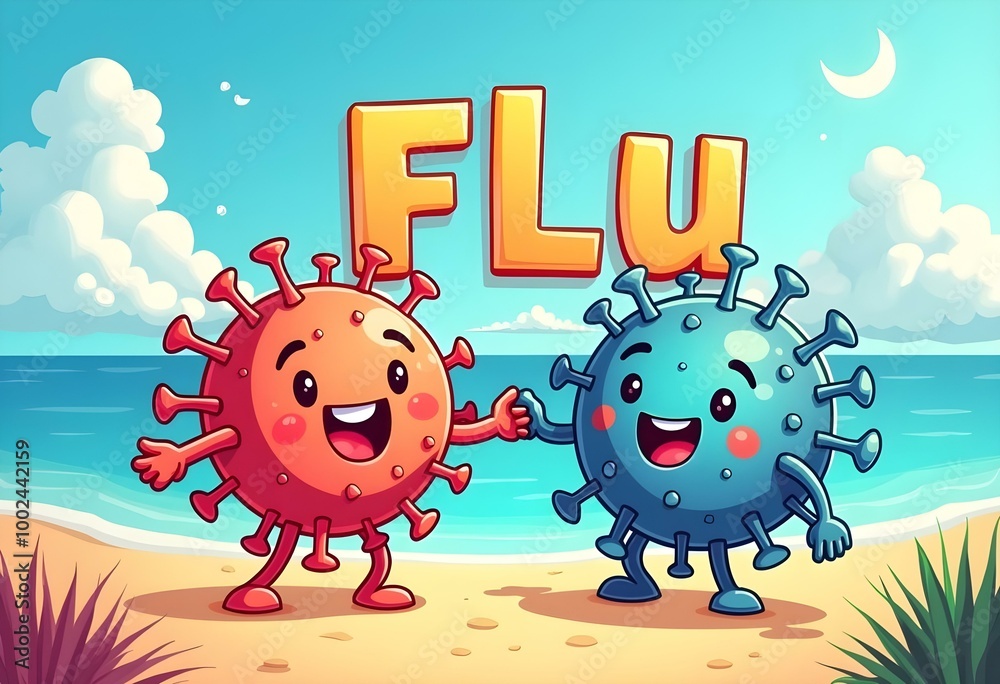 Fototapeta premium Flu Season Funny Comic Style 3D text About Virus Prevention Cough and Contagious Cold