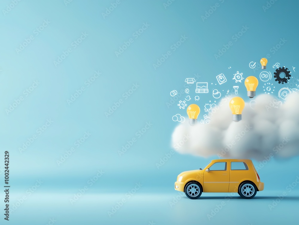 Fototapeta premium Yellow toy car under cloud with floating icons and light bulbs on blue background, creative thinking and innovation concept.