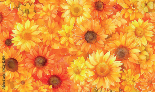 Watercolor Pattern of Autumn Flowers watercolor sunflowers and chrysanthemums in warm shades of yellow and orange, creating a lively and vibrant pattern