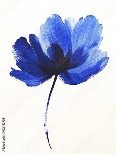 A blue flower with a stem is painted on a white background