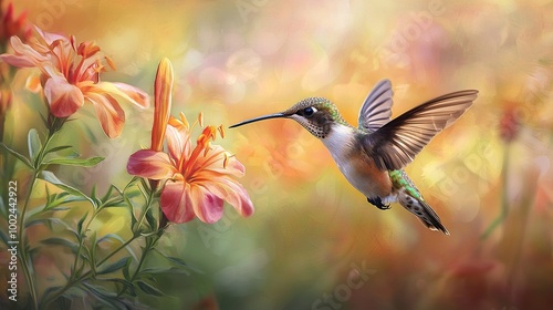   Hummingbird hovers above vibrant flowers in foreground, while blurry background suggests serene nature