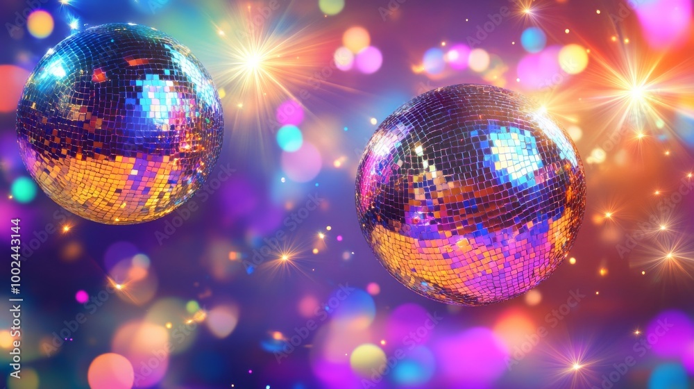 Obraz premium 70s Disco Retro Banner with Dazzling Disco Balls and Starbursts
