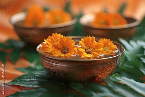 Golden bowls with floating marigold flowers on an orange tablecloth, perfect for Diwali celebrations, puja rituals, or festive invitations.
