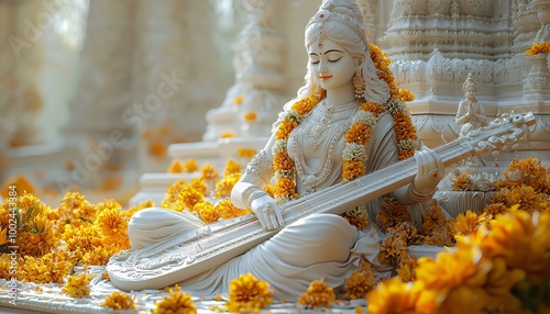 A serene statue of Goddess Saraswati playing the veena, adorned with vibrant flowers, ideal for Diwali themes, pujas, and cultural festivals. photo