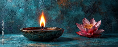 A serene scene featuring a bronze oil lamp and a pink lotus, perfect for Diwali celebrations, invitations, or festive decor highlighting the Hindu festival of lights. photo