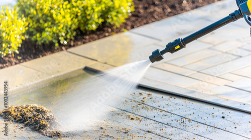 A powerful pressure washer sprays a high-pressure stream of water to clean a dirty, grime-covered sidewalk, blasting away dirt and leaving a clean surface behind