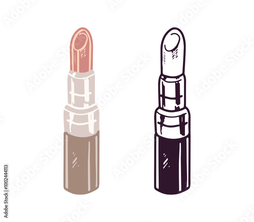 Doodle flat style  lipstick, beauty cosmetic element, self care. Illustration for beauty salon, cosmetic store, makeup design. Doodle sketch style.