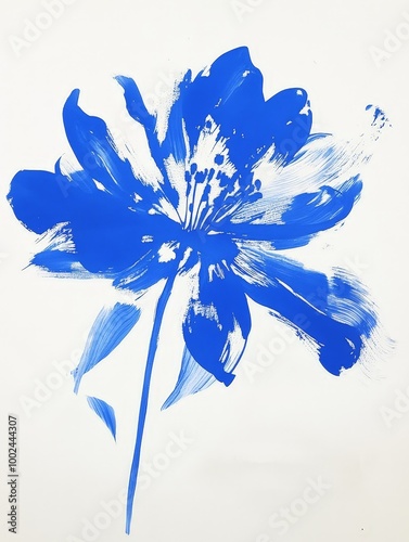 A blue flower with white petals is painted on a white background
