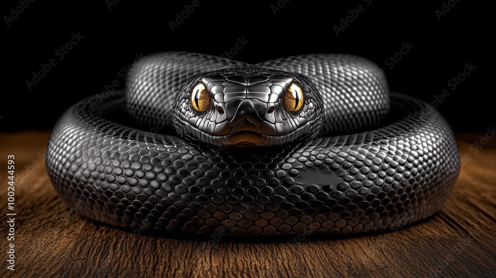 Obraz premium A black snake with bright yellow eyes is coiled on a wooden surface